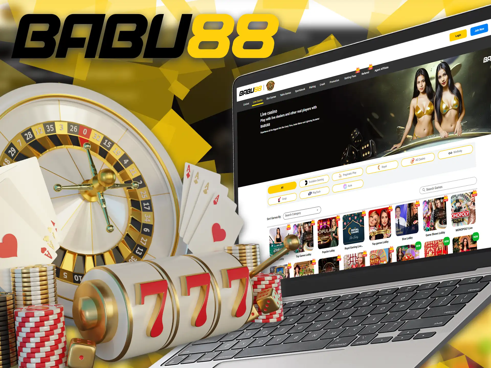 Play with real croupiers in the live casino section at Babu88.