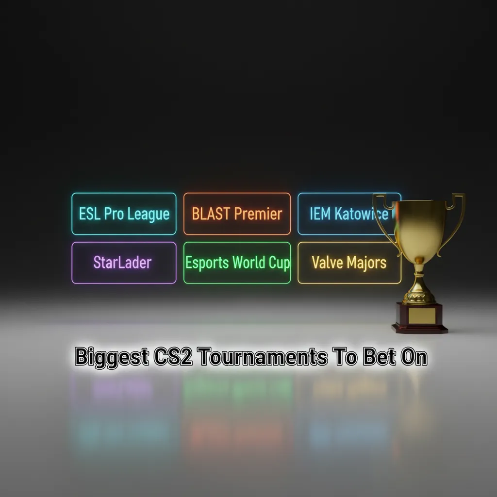 Graphic listing top CS2 tournaments for betting: Valve Majors, ESL Pro League, BLAST, IEM Katowice, IEM Cologne, EWC, RMRs.