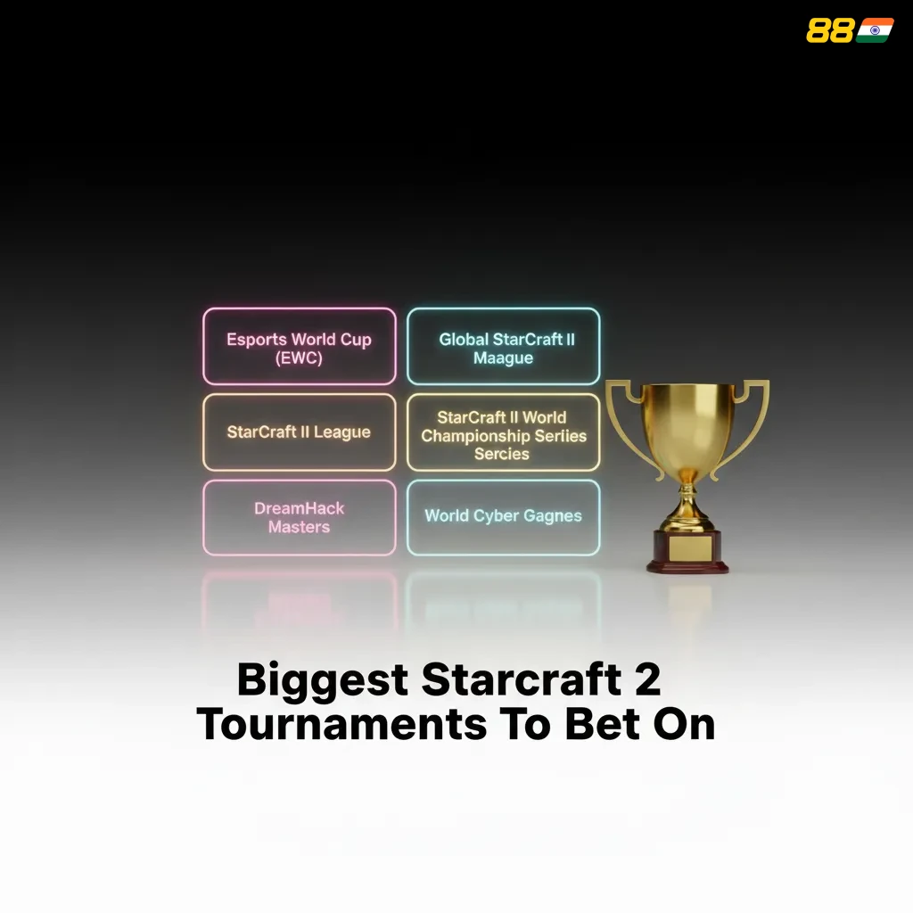 Graphic listing top StarCraft II tournaments to bet on: GSL, IEM Katowice, ESL Masters, EWC, TLS, WTL, and more.