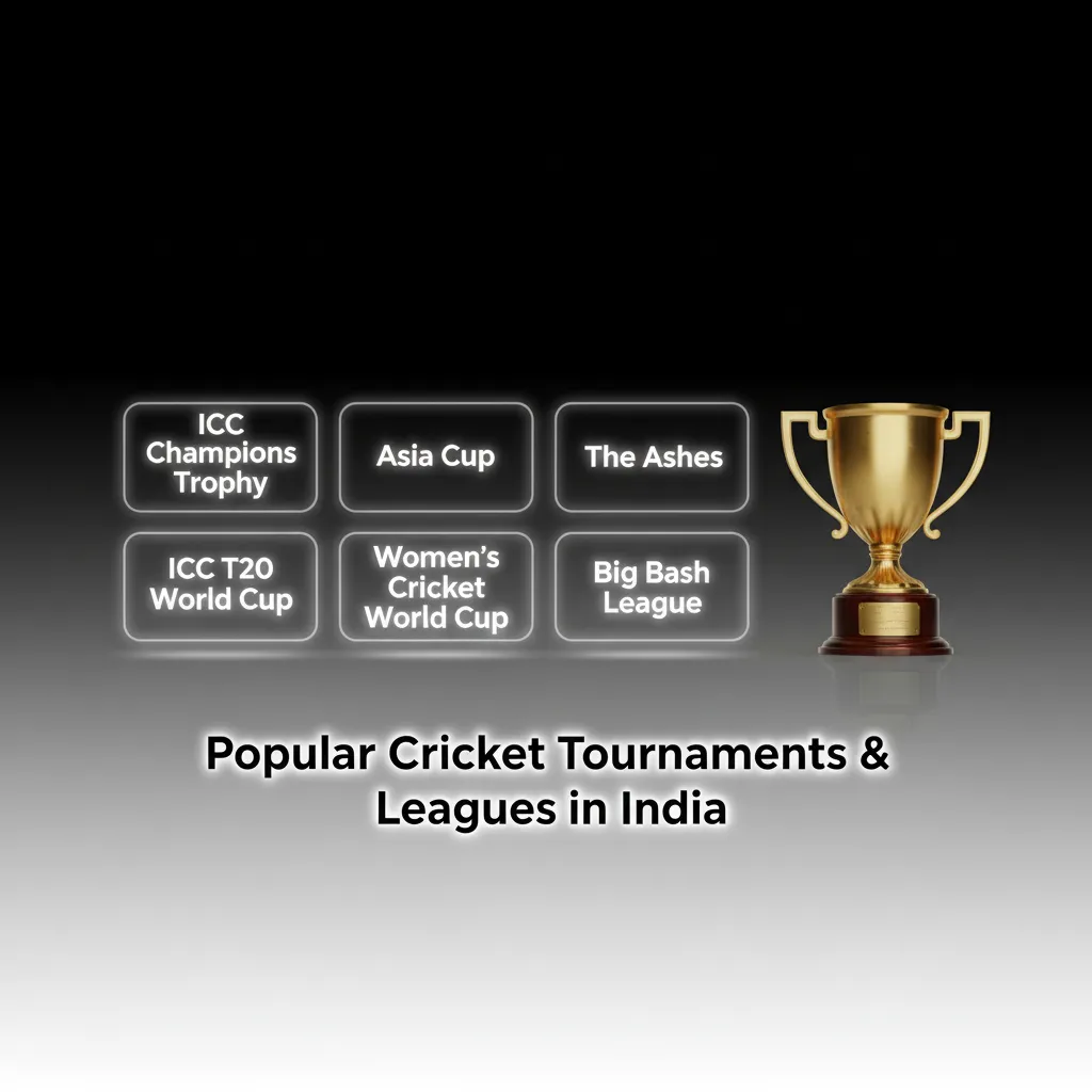 Graphic of popular cricket tournaments and leagues in India: IPL, ICC World Cups, Asia Cup, WTC, Ranji, TNPL, BBL, PSL.