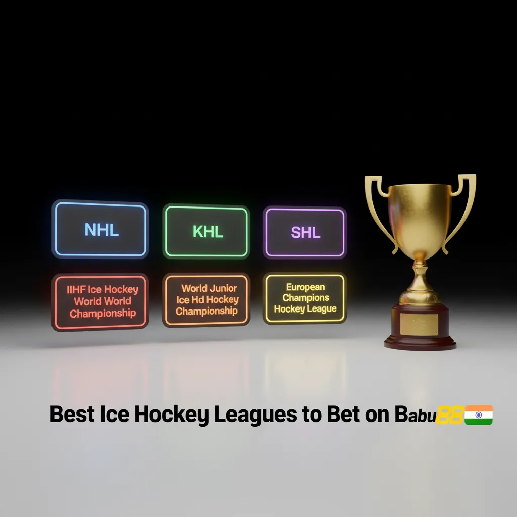 Babu88 graphic listing top ice hockey leagues to bet on: NHL, KHL, IIHF Worlds, Olympics, World Juniors, CHL, SHL, Liiga.