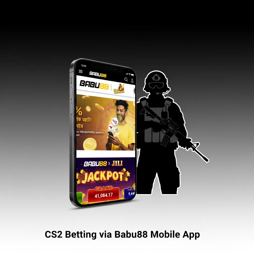 Babu88 app screen for CS2 esports betting: live odds, match list, markets, stake field, and Place Bet button.