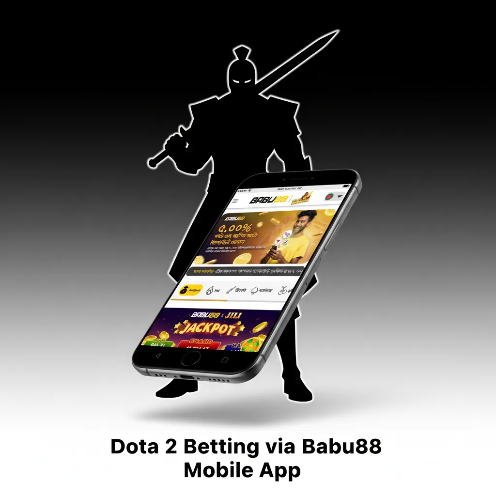 Babu88 mobile app on a smartphone showing Dota 2 esports betting with live and pre-match markets and a bet slip.