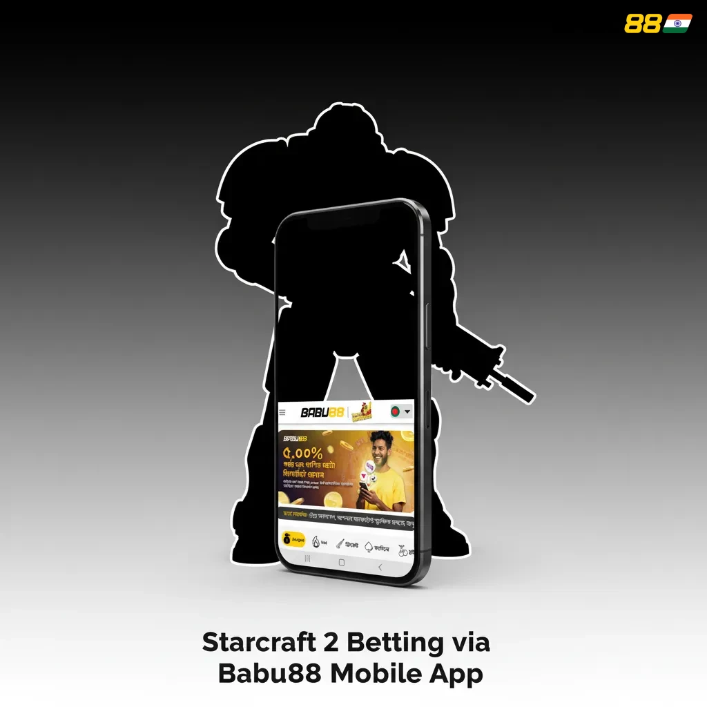 Smartphone showing Babu88 app with StarCraft II live odds, in-play markets, and INR deposit options like UPI and Paytm