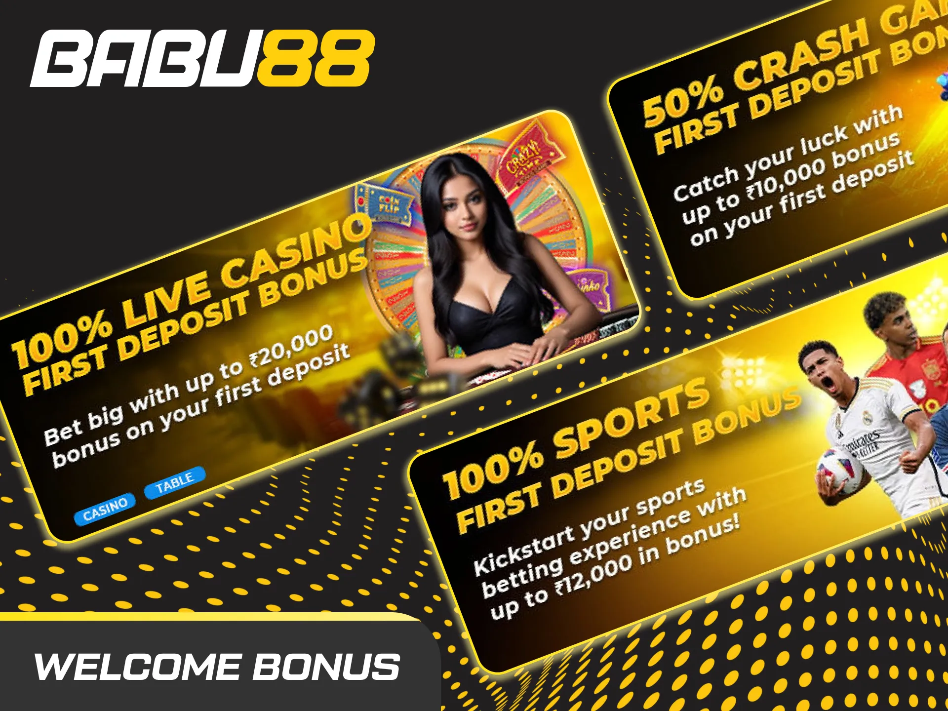 Babu88 app welcome bonus: choose Sports or Casino, 100% up to ₹12,000; casino adds free spins. Min ₹500 deposit at signup.