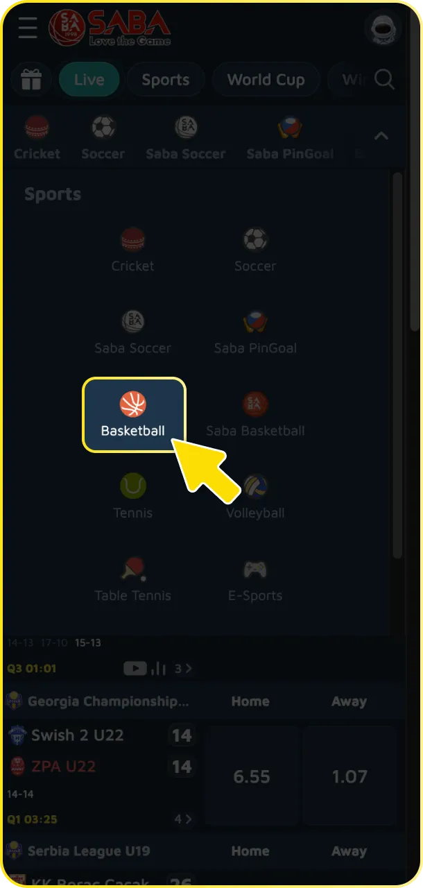 Open sports then tap basketball to view available events at Babu88.