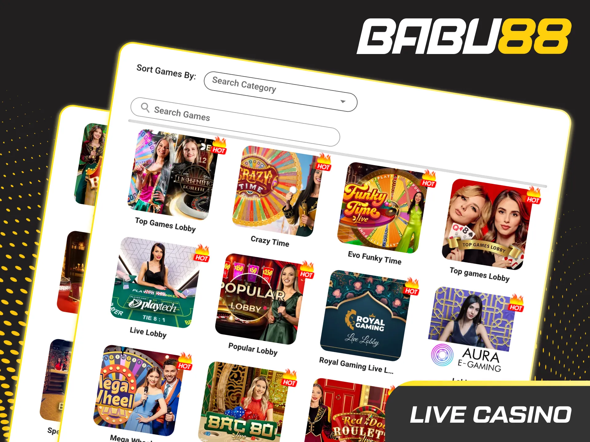 Babu88 Live Casino with real dealers at studio tables: Blackjack, Roulette, Teen Patti, Andar Bahar, Baccarat.