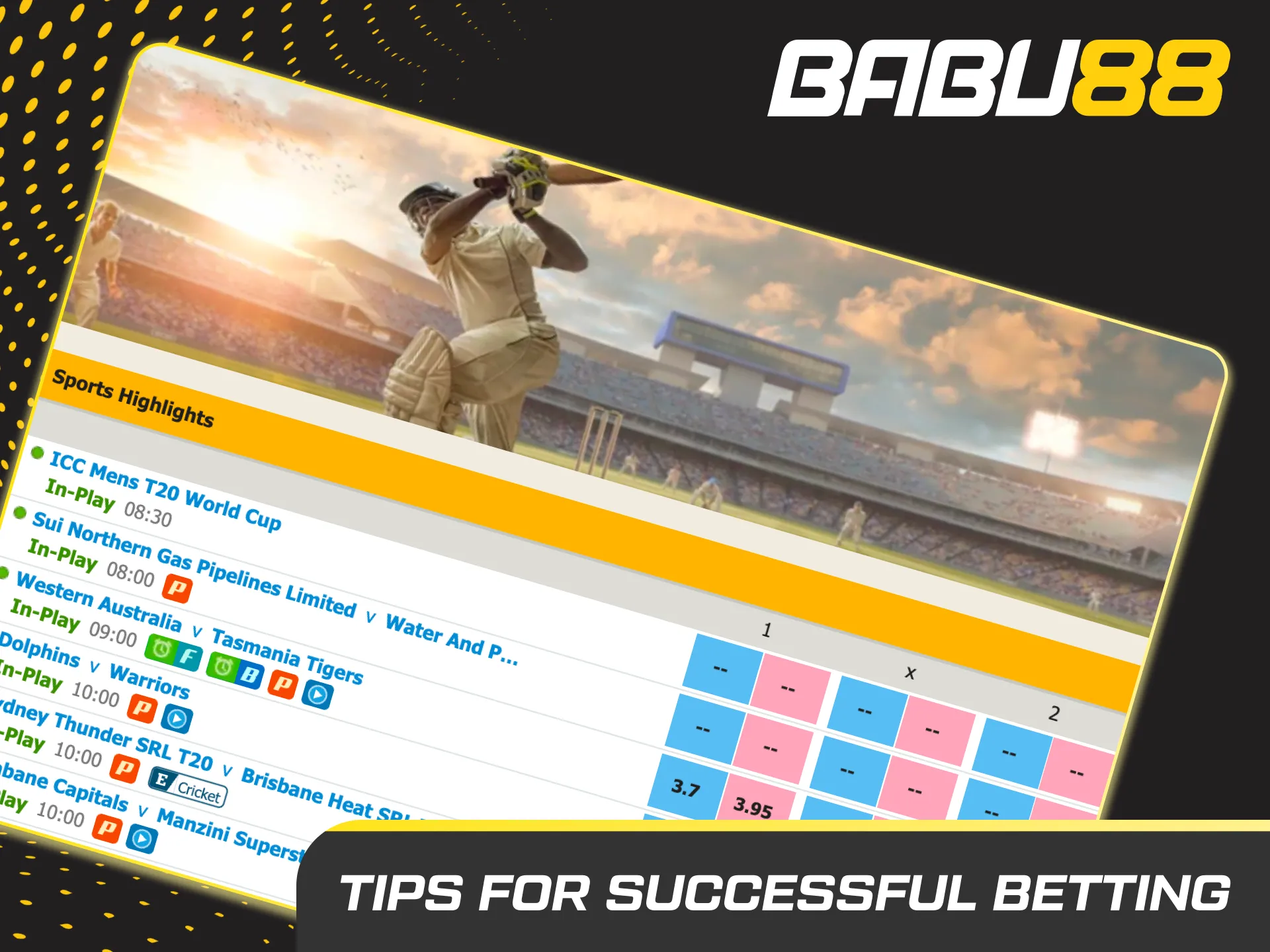Infographic of cricket betting tips: form, fitness, pitch, weather, toss; bankroll, bet slip care; app odds and stats.