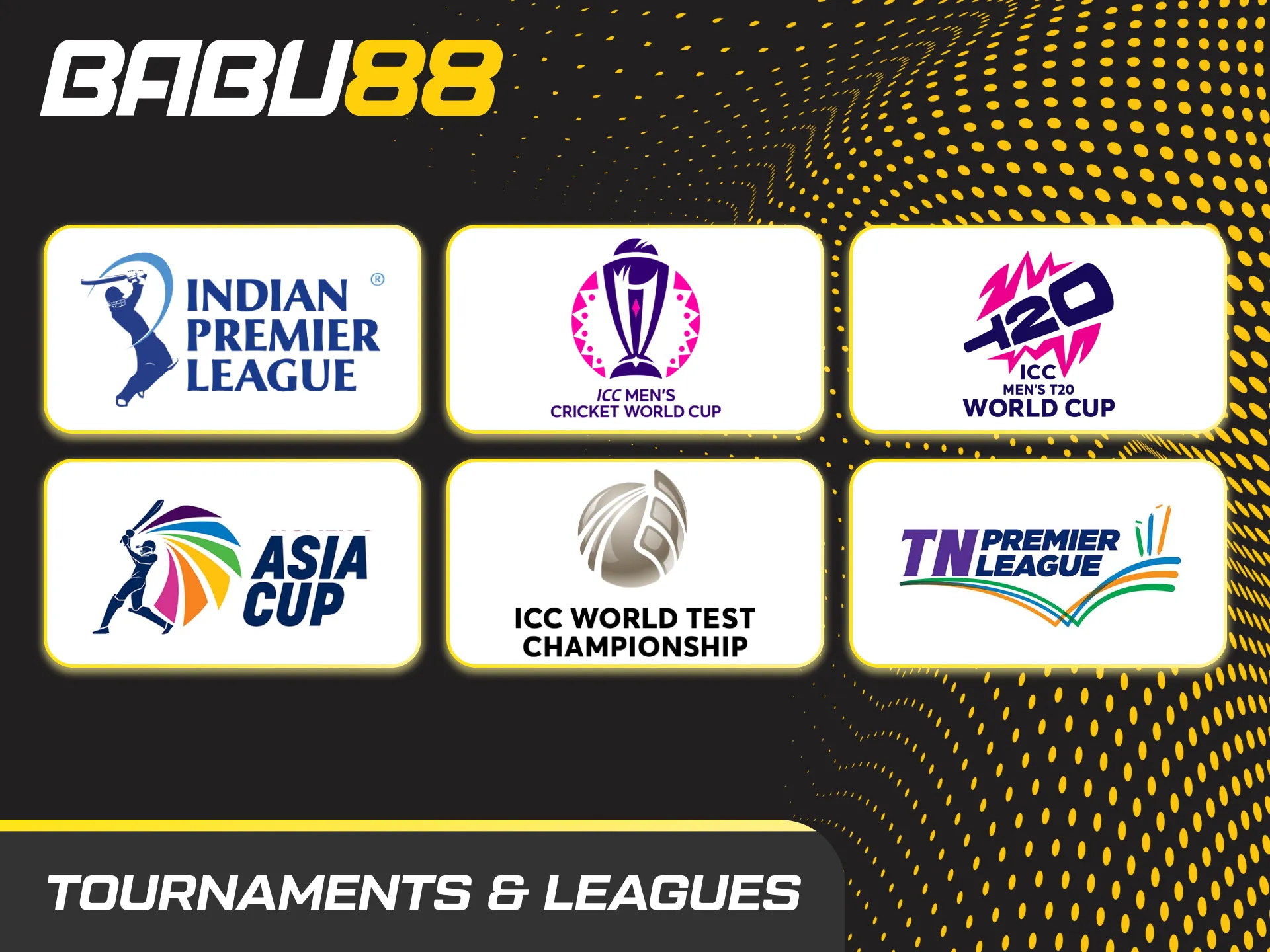Graphic of popular cricket tournaments and leagues in India: IPL, ICC World Cups, Asia Cup, WTC, Ranji, TNPL, BBL, PSL.