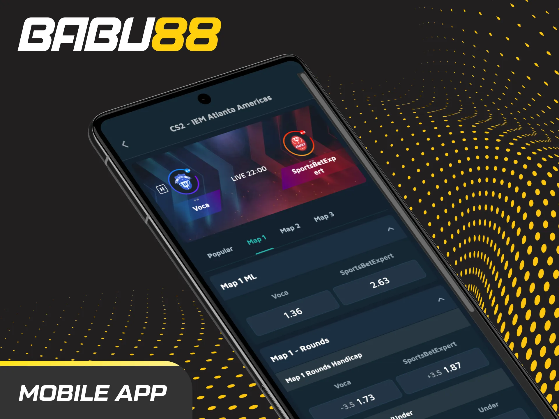 Babu88 app screen for CS2 esports betting: live odds, match list, markets, stake field, and Place Bet button.