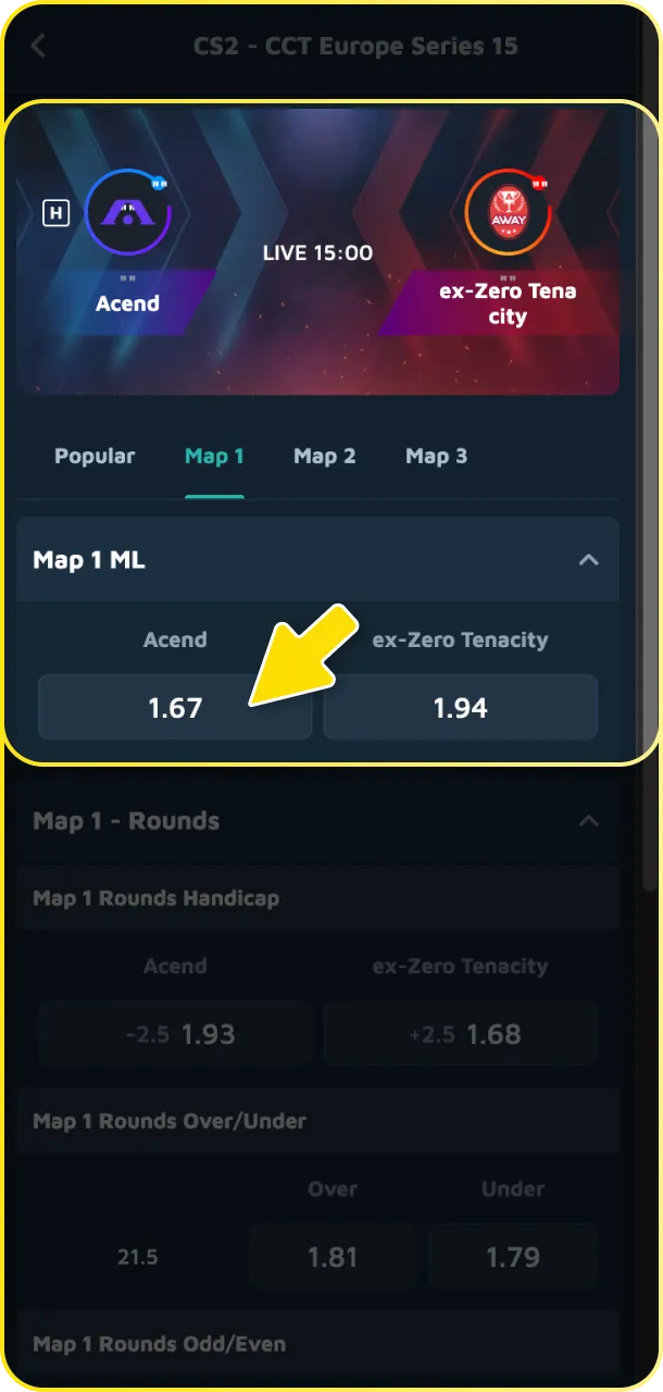 Review the odds and confirm your first bet on Babu88 CS2.