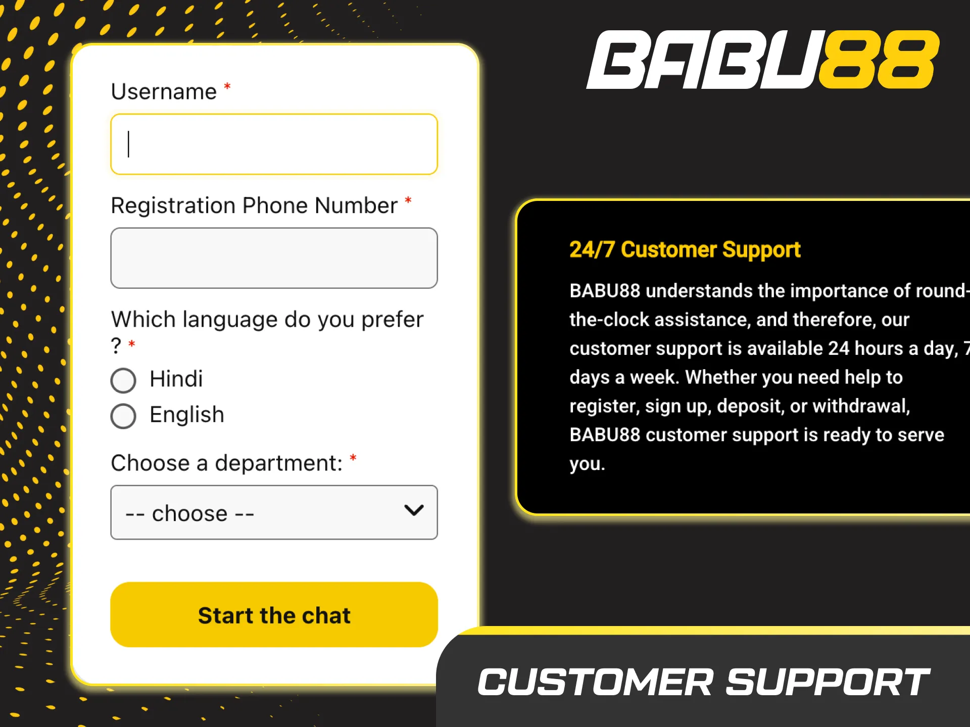 Customer Support Contacts: Live Chat 24/7, Email support@babu88.com, WhatsApp, Telegram, Help Centre.
