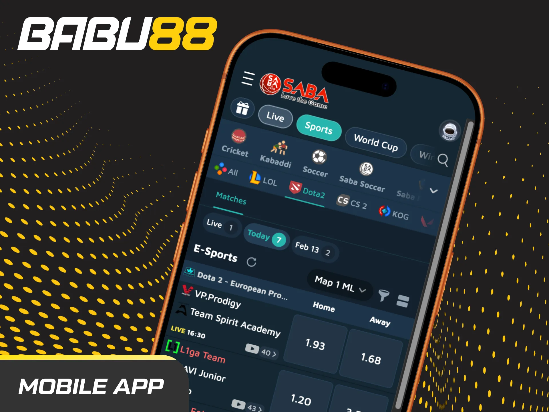 Babu88 mobile app on a smartphone showing Dota 2 esports betting with live and pre-match markets and a bet slip.