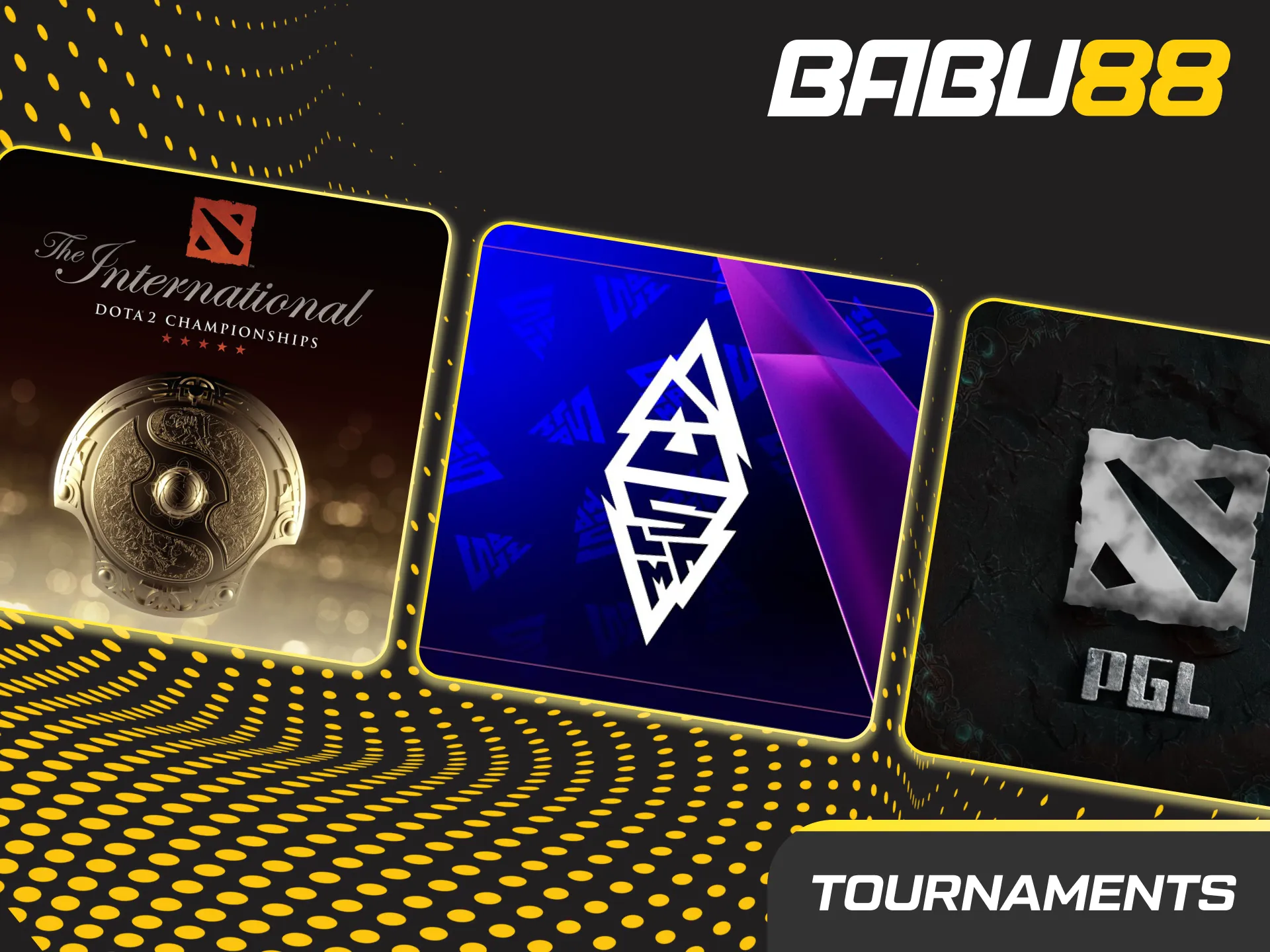 Collage of Dota 2 tournament logos—TI, BLAST, ESL, EWC, PGL, FISSURE—with bet slips and live odds.