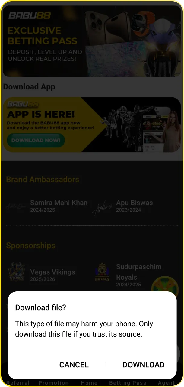 Download the APK and allow the install for Babu88 ice hockey on Android.