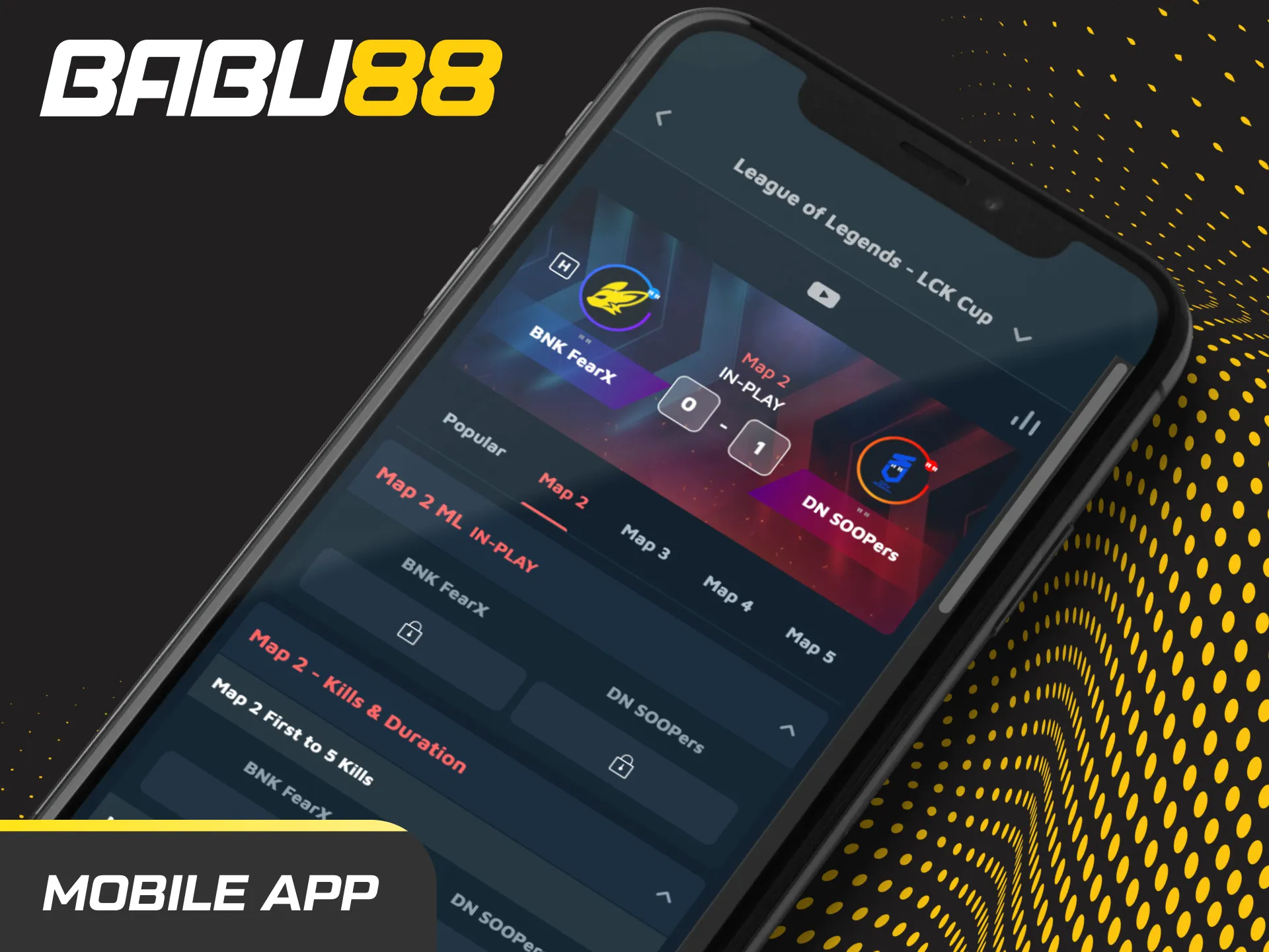 Babu88 mobile app on smartphone showing League of Legends odds, live markets, cashout, and INR deposit options