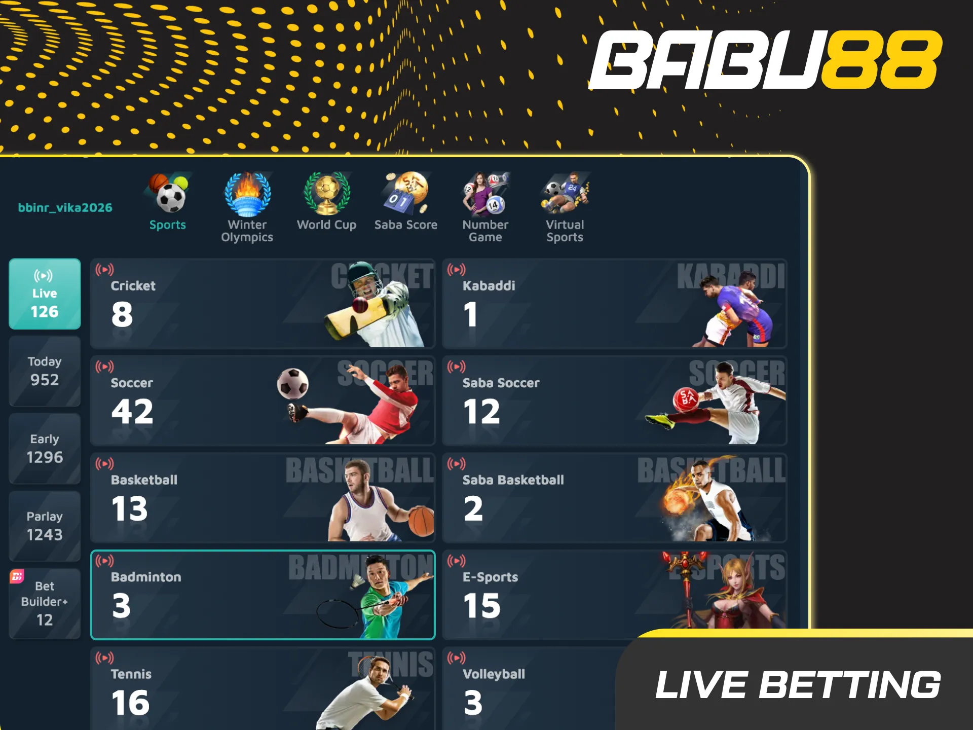 Live betting dashboard showing in-play odds for cricket, football, tennis, with cash out, stats, and match tracker updates.