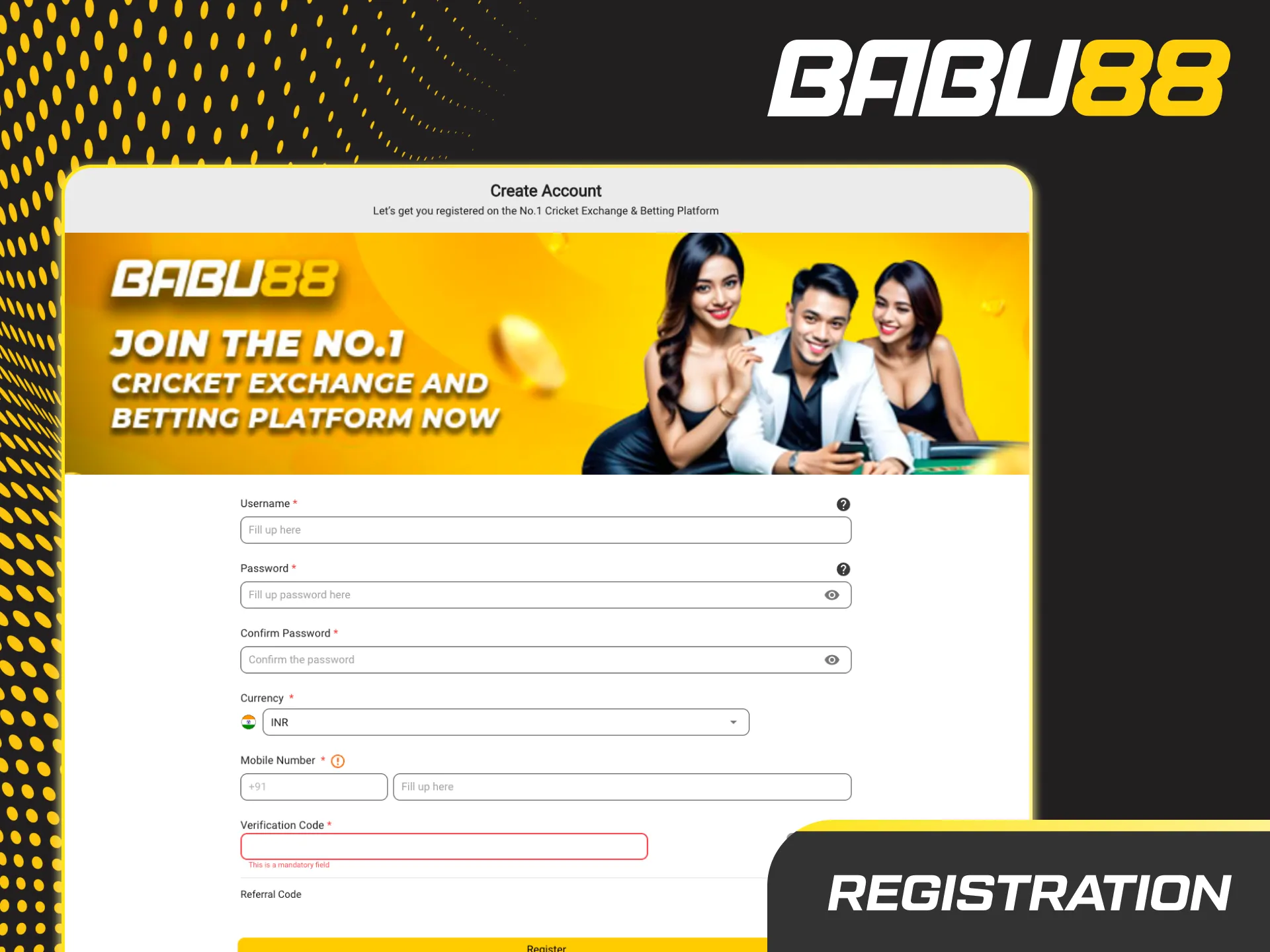 Babu88 Sign Up form: email or mobile, password, choose INR and bonus, then OTP verification.