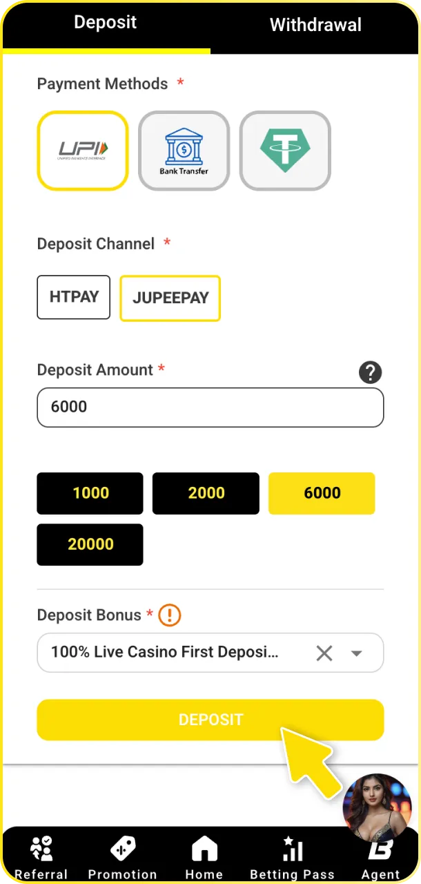 Deposit the minimum amount via UPI or NetBanking to claim your Babu88 bonus.