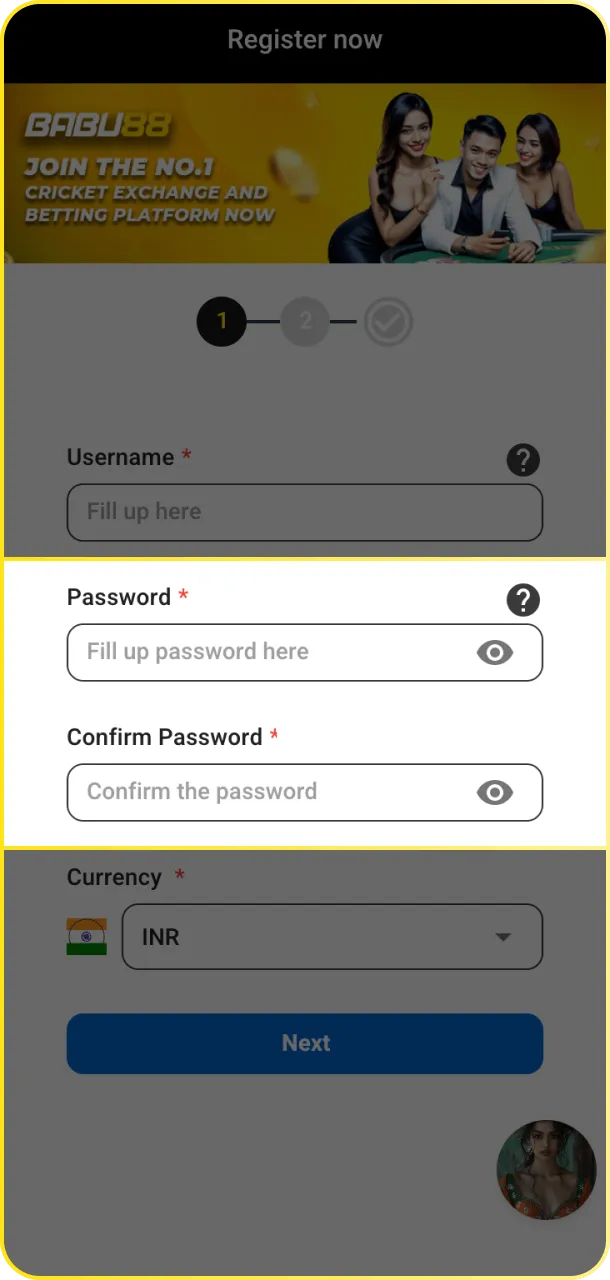 Create a strong password and enter a promo code for your Babu88 account.
