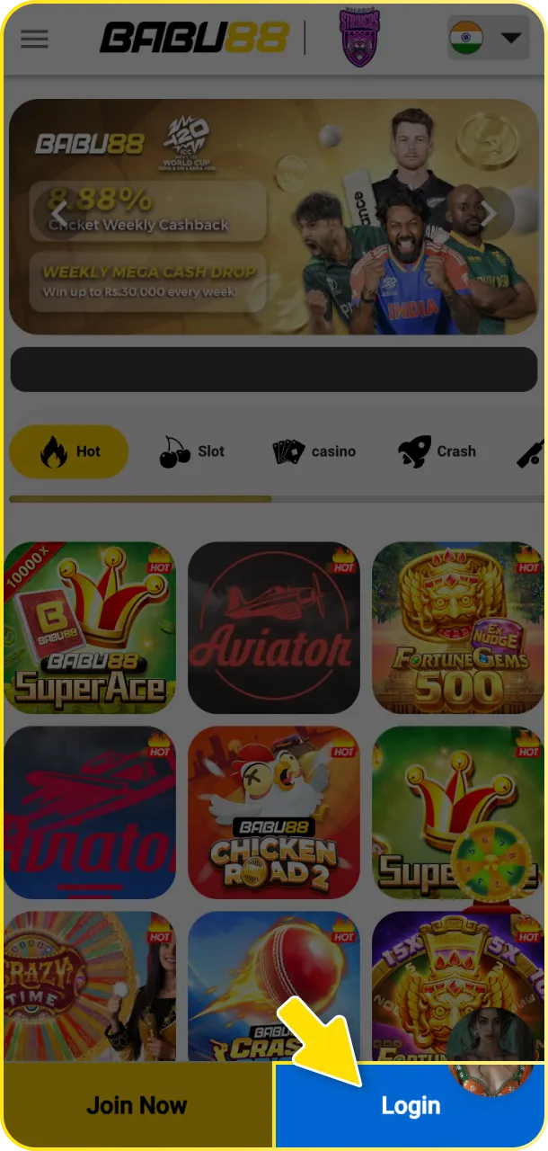 Open the website and click the login button to access your Babu88 account.