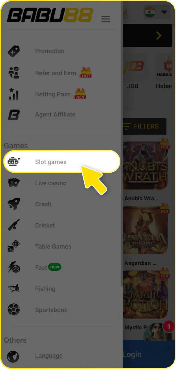 Choose the slots lobby at Babu88 to explore various casino games.