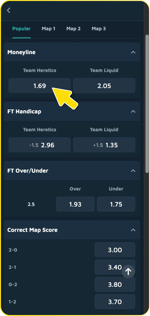Pick a market and tap place bet to confirm StarCraft II wagers.