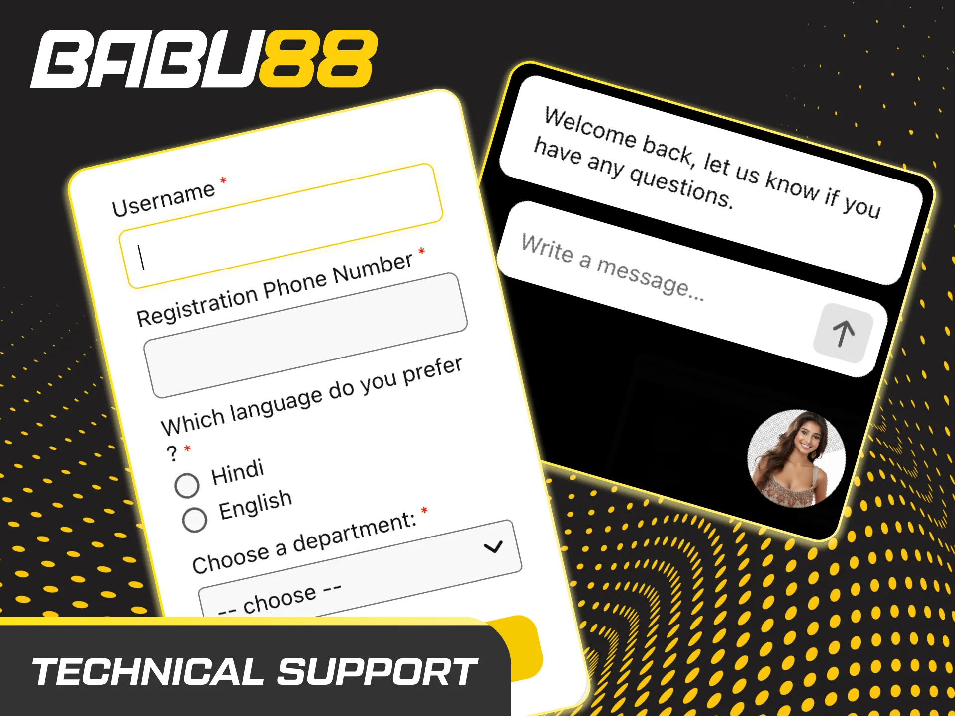 Technical support graphic: headset agent with chat, email, phone icons, 24/7 help for login, payment, app, game issues.