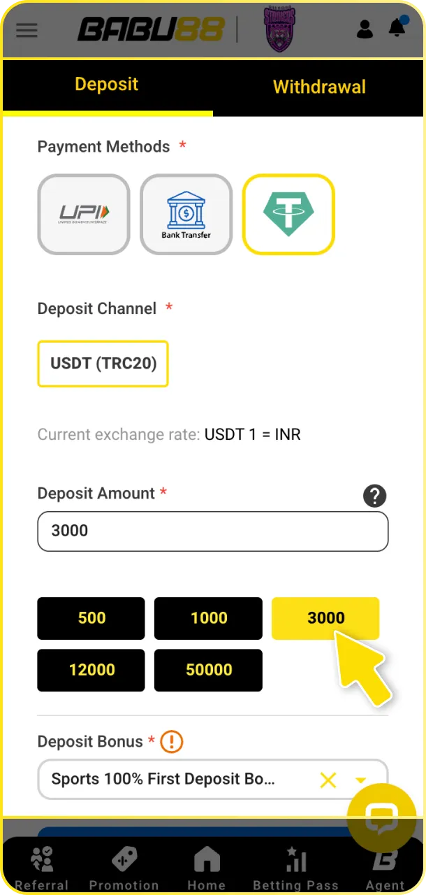 Deposit in INR using local Indian payment methods for Babu88 tennis wagers.