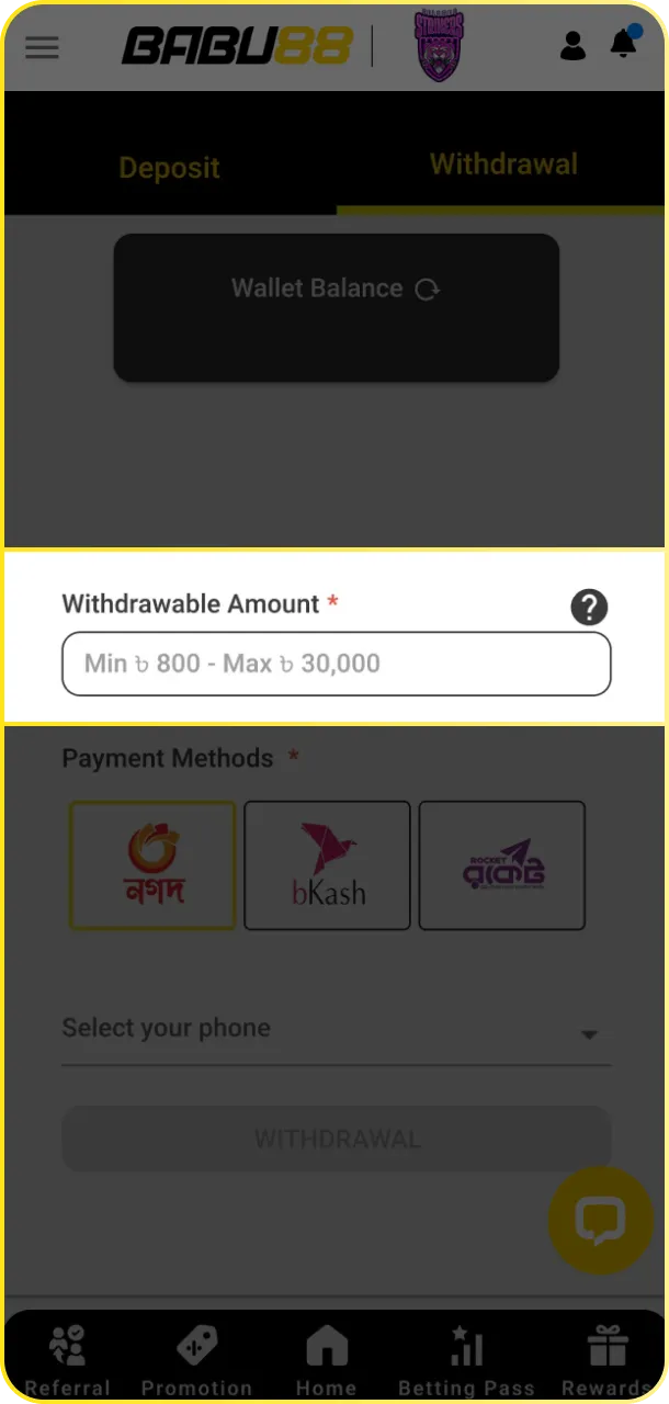 Provide the necessary amount and details for your Babu88 withdrawal.